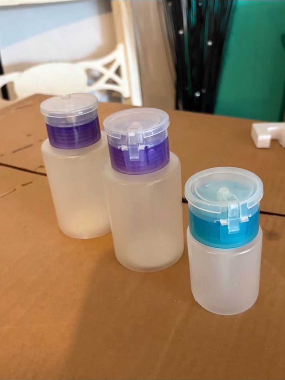 Plastic Flip-Top Storage Bottles - Purple & Teal Caps with pump